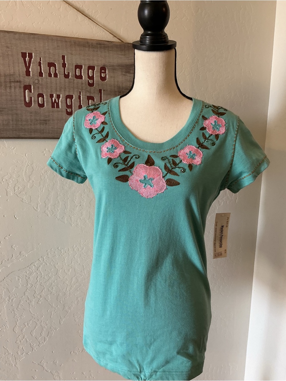 Embroidered Teal Floral Scoop Neck Tee